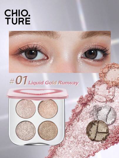 CHIOTURE Four-Color Glittering Eyeshadow Palette With Crushed Diamond-Like Sparkling Waves, Well-Adhering Long-Lasting Shimmer, Highly Pigmented Easy To Apply, Ideal For Halloween And Evening Events