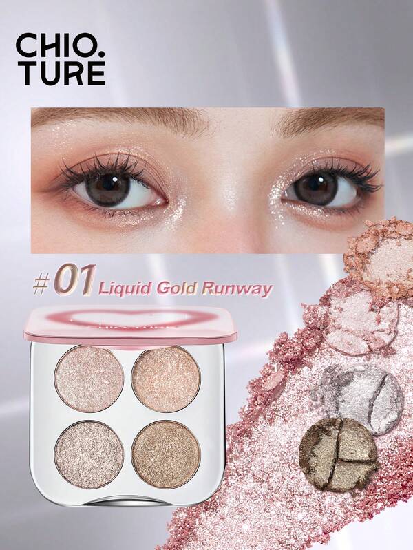 CHIOTURE Four-Color Glittering Eyeshadow Palette With Crushed Diamond-Like Sparkling Waves, Well-Adhering Long-Lasting Shimmer, Highly Pigmented Easy To Apply, Ideal For Halloween And Evening Events