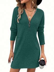 Women's Zipper Half-Placket Long Sleeve Solid Ribbed Casual Short Dress - Green - View 4