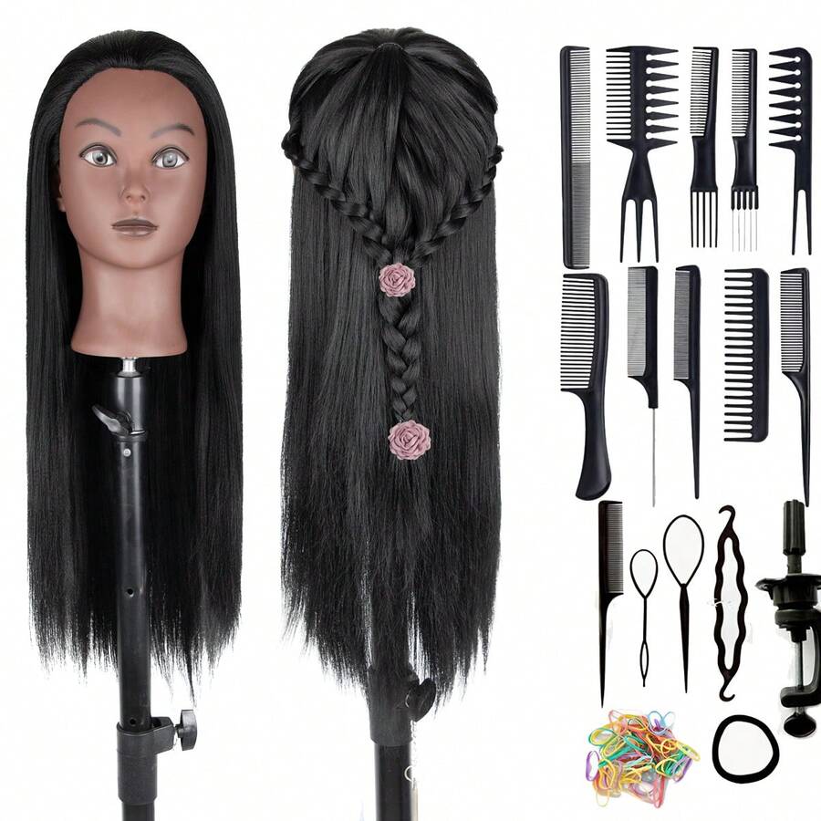 Đầu ma-nơ-canh 26 inch bằng sợi tổng hợp, đầu tập tạo kiểu tóc dài cho búp bê làm đẹp, đầu ma-nơ-canh thực hành kèm giá đỡ kẹp - màu đen - Xem 1