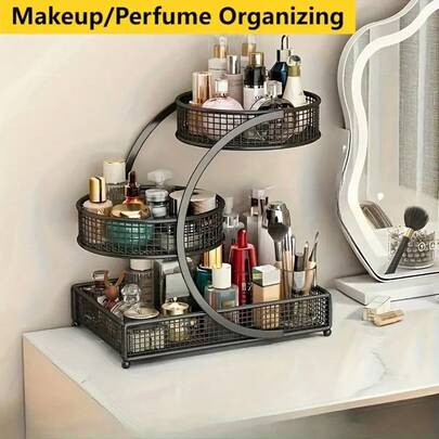 TAIMASI 3-Tier Varnished Metal Cosmetic Organizer With Round Baskets - Lightweight, Welded Construction & Anti-Rust Finish, Space-Saving Vanity Storage Rack For Lipstick, Perfume, Skincare Products - Ideal Gift For Women & Girls, Makeup Organizer For Vanity, Perfume Holder, Sleek Metallic Finish, Durable Construction