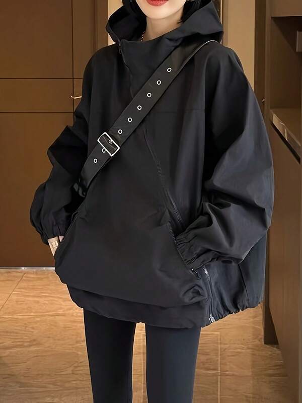 2025 年春と秋の新しい韓国スタイルの多用途カジュアル ルーズ ジャケット、女性の斜めジッパー デザイン ニッチ フード付きジャケット