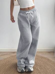 女士休闲韩版纯色抽绳口袋运动运动裤，休闲 - 灰色 - 查看 6