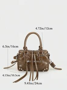 1个复古风格PU皮革手提包，铆钉、金属流苏拉链装饰，可调节肩带，适合日常、旅行、购物。 - 咖啡 - 查看 4