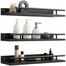 A Set Of 3 Wooden Wall Racks, Floating Racks, Wall Hanging Racks, Picture Display Racks, Spice Racks, Kitchen, Bedroom, Bathroom Decoration Wooden Wall Racks - Black Set of 3 - View 1