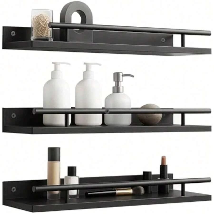 A Set Of 3 Wooden Wall Racks, Floating Racks, Wall Hanging Racks, Picture Display Racks, Spice Racks, Kitchen, Bedroom, Bathroom Decoration Wooden Wall Racks - Black Set of 3 - View 1