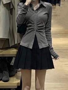 Áo kiểu tay phồng xếp ly thời trang dành cho các cô gái sành điệu, dáng ôm, phong cách Hàn Quốc thường ngày, thích hợp cho mùa xuân. - Xám - Xem 3