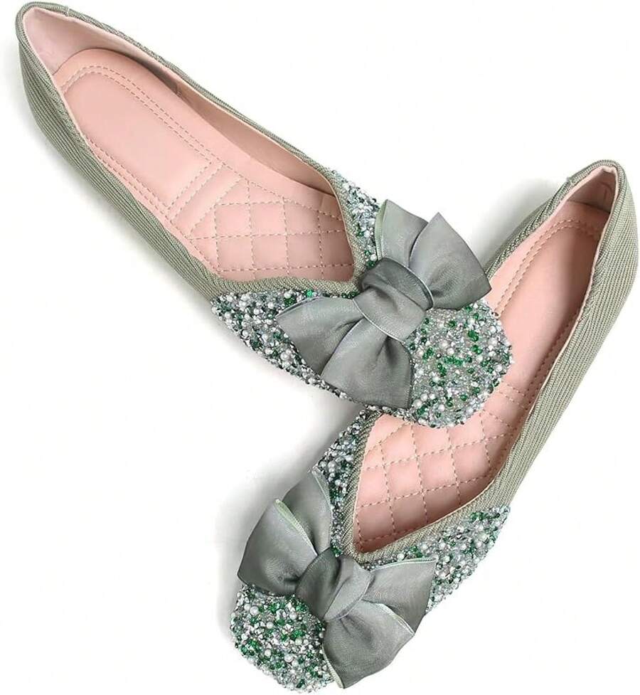 SAILING LU Square Toe Flats Shoes Rhinestoned Bowknots Ballet Flats For Women Studded Dress Shoes Comfort Light Weight LoafersChristmas - C-綠 - 查看 1