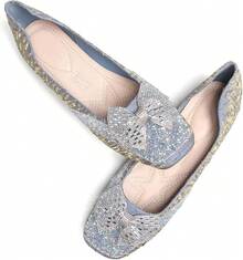 SAILING LU Square Toe Flats Shoes Rhinestoned Bowknots Ballet Flats For Women Studded Dress Shoes Comfort Light Weight LoafersChristmas - B-藍色 - 查看 1