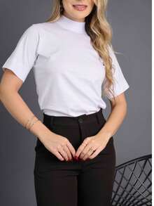 Kit 3 T Shirt High Neck Oversize Sleeve Blouse High Neck Women Short Sleeve Basic T-Shirt Plain Black White Nude Candy Color - 淺粉色 - 查看 3