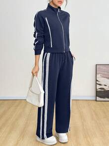 Conjunto de 2 piezas para mujer ligero de moda unicolor con diseño combinado en encaje suave y comodo para uso casual - Azul - Ver 2