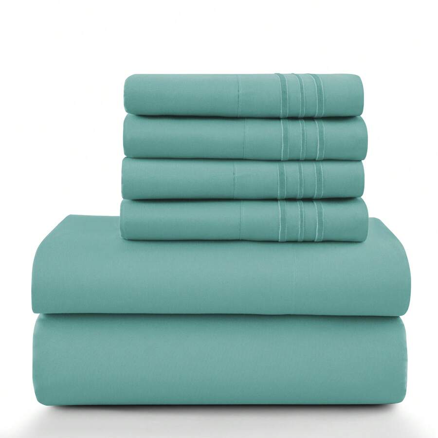 LUX DECOR 6-Piece Embroidered Bed Sheet Set – Brushed Microfiber, Deep Pocket, Lightweight & Breathable – Graduation Gifts, Home Decor, Sleep Protection For Dorms, Student Beds, Back‑To‑School Gift, Soft Bed Linens, Comfortable Sleep, Luxury Bed Set, Valentine's Day Bedroom, Spring Bedding Refresh, Guest Room Essentials, Dorm Room Bedding, Premium Bed Linens, Easy Care Sheets, Hypoallergenic Fabric, Year-Round Comfort, Master Bedroom Update, Matching Bedding Set, Hotel Quality Linens - 水鴨藍 - 查看 1