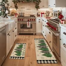 1/2pcs Christmas Floor Mat, Luxurious Green, Black And White Checked Christmas Tree Pattern Kitchen Floor Mat, Perfect For Indoor/Outdoor Use, Family Gatherings, Kitchen, Dining Room, Christmas Atmosphere Decoration, Home Decoration