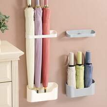 2 Pieces/1 Set: Non Drilling Wall Mounted Umbrella Holder With Drip Tray - Modern Long Handle Folding Umbrella Storage Rack - Multicolor - View 4