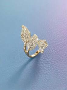 1 件铜合金锆石镶嵌枫叶设计戒指，优雅戒指，适合女性日常佩戴 - 銀色 - 查看 5