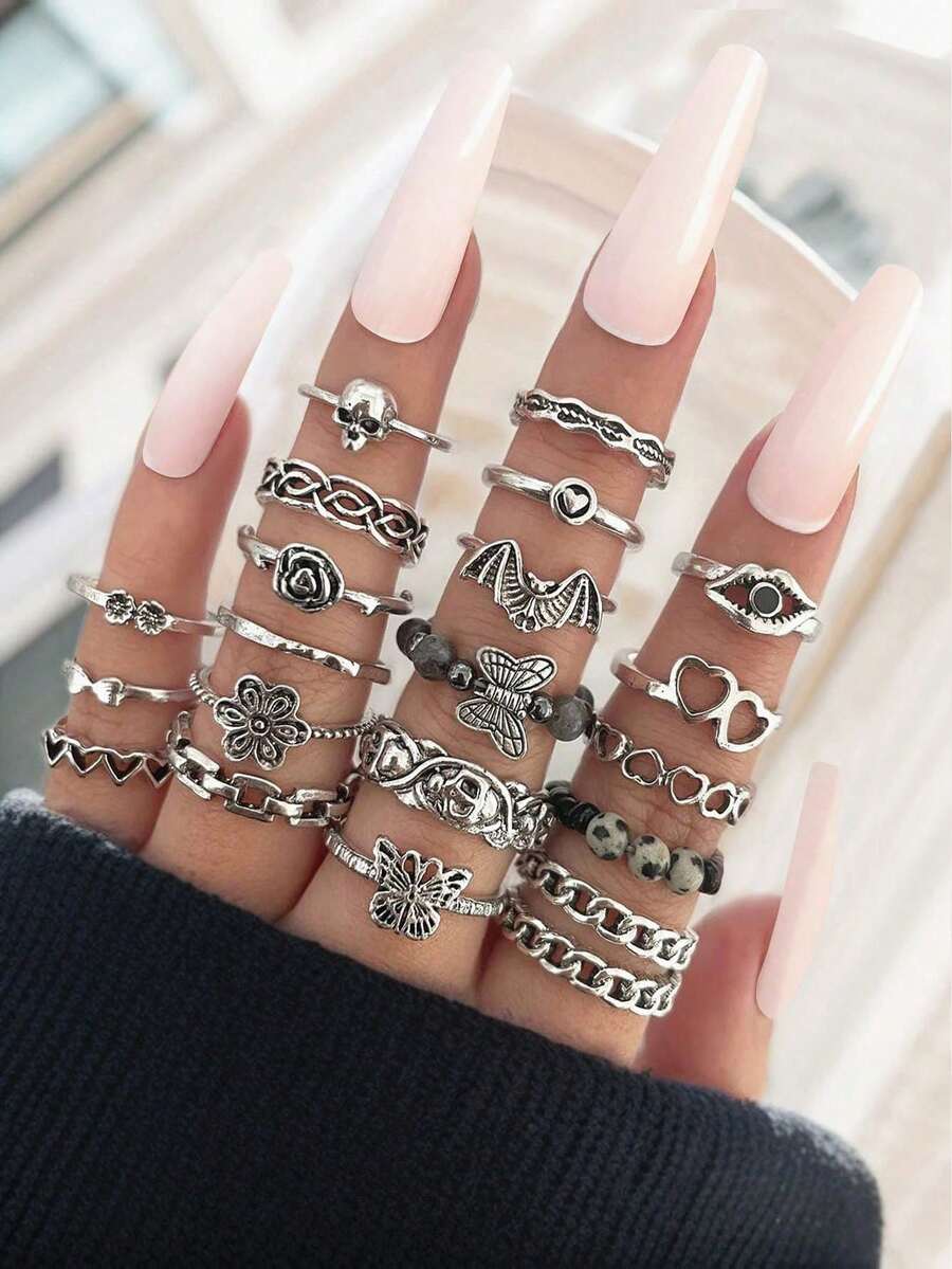 20pcs/Set Vintage Bat, Butterfly, Skull, Flower, Heart Chain Natural Stone Handmade Beaded Knuckle Rings Set, Women Party Gift - Antique Silver - View 1