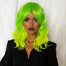 1pc Natural Matte Green Synthetic Wig With Wavy Curls And Bangs, Bob Style, Suitable For Daily Wear, Halloween, Christmas, Parties, Cosplay - Multicolor - View 5