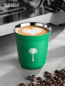 yeefeeco 1pc Stainless Steel Teacup, Coffee Cup With Green Palm Tree Pattern, Saudi National Day Gift, Iced Americano & Latte Cup, Outdoor Camping Water Cup, Mug, Green & Black Coffee Cup (80ml/160ml), Suitable For Saudi National Day Gifting, Receiving Guests And Afternoon Tea