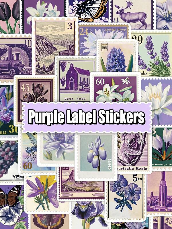 50 piezas Etiquetas vintage moradas, Pegatinas decorativas de estética vintage, Pegatinas de sellado, Pegatinas decorativas DIY para cuadernos, botellas de agua, equipaje y cuentas manuales