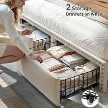 Full/Queen/King Size Bed Frame With 2 Storage Drawers Upholstered Platform Bed Frame With LED Lights, Charging Station And Headboard, Beige - 米色 - 查看 3