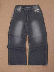 Y2K Rock Hip Hop Vintage Jeans, Loose Wide Leg Retro Jeans With Cherry Blossom Embroidery, Floral Embroidered Pocket Light Wash Pioneer Fashion Jeans - Grey - View 3