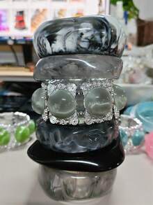 1pc Vintage New Transparent Gray-Black Resin Bracelet, Asymmetrical Thick Elastic Patchwork Bracelet, Fashionable High-End Jewelry For Women - Multicolor - View 5