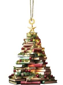Enfeite de Natal em formato de livro (1 unidade) - Pingente de estante em camadas, mini livros empilhados, decoração de estante em papel verde e dourado, ideal para amantes de livros, pode ser pendurado na árvore de Natal, estante ou porta. Decoração para casa, decoração de Natal, decoração de quarto. - Multicolorido - Ver 9