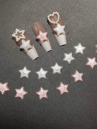 100pcs Elegant White & Pink Striped Pentagram Nail Art Decorations, DIY Craft Supplies, Flat Faux Pearl Resin Decorations, Ballet Shoes Round & Oval Flat Nail Jewelry, Nail Salon Supplies, Phone Case Background Decor