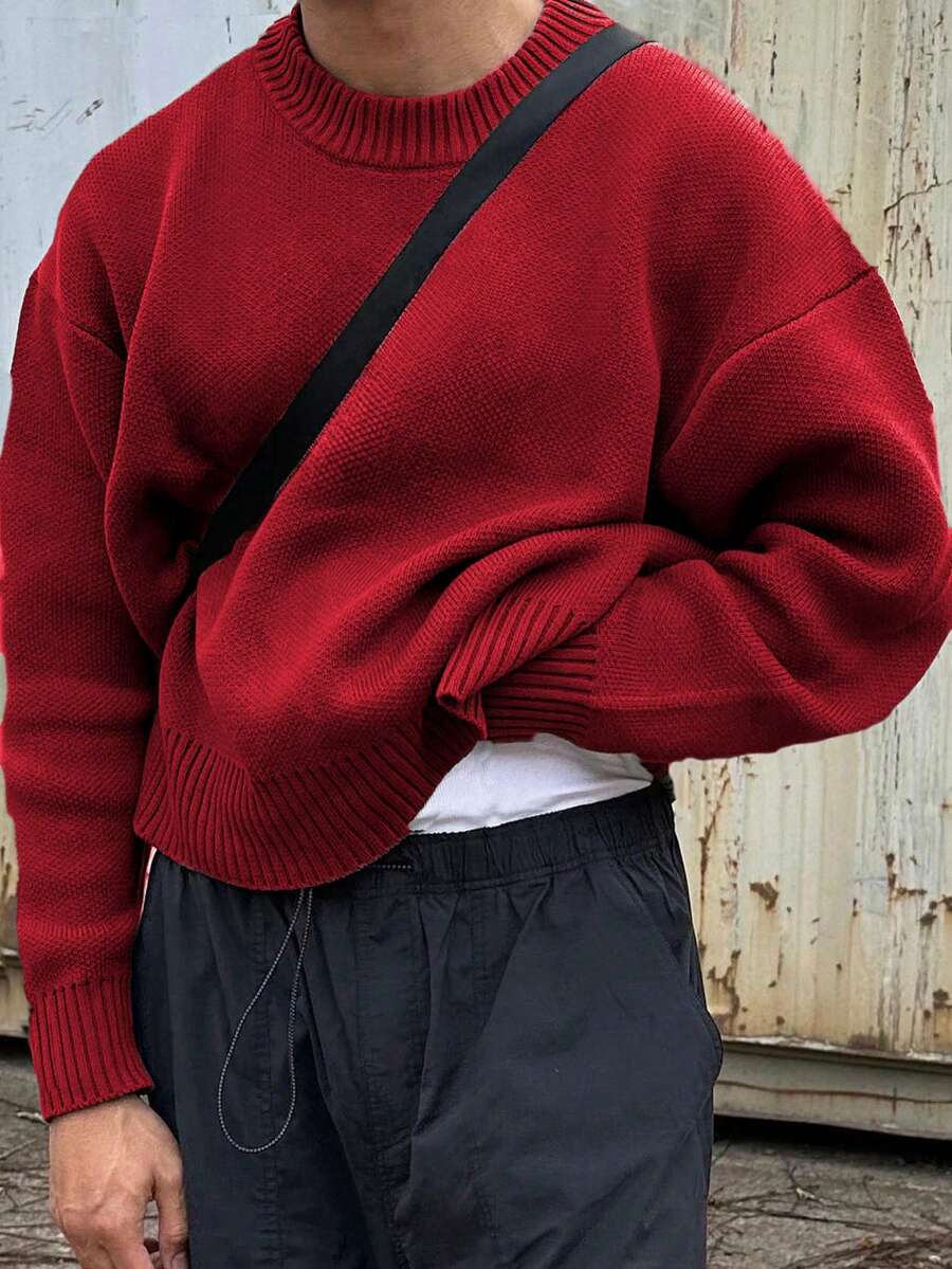 Men's Casual Loose Fit Crew Neck Pullover Sweater, Streetwear Style, Solid Color, Long Sleeve, Versatile, Suitable For Spring, Autumn, Winter - Đỏ - Xem 1