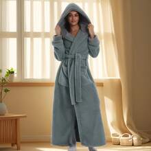 Bata de baño de franela para mujer, bata de dormir con cuello de chal grueso, bata con capucha esponjosa y cálida, bata con capucha de unicolor y mangas largas gruesas para pareja, otoño/invierno