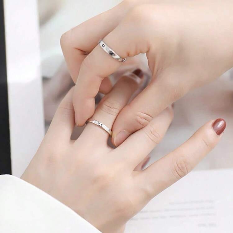 925 Silver Plated Sun And Moon Couple Ring With Adjustable Open Setting - 銀色 - 查看 5
