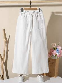 女童休闲荷叶边腰直筒阔腿牛仔裤，适合所有季节 - 白色 - 查看 2