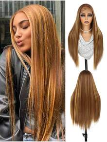 Free Part 13*6 Lace Front Wigs 28 Inches Black Brown Blonde Dark BrownStraight Hair With Natural Curls At The End Hair Glueless Lace Wigs Silky Synthetic Long Silk Straight Natural Wig Heat Resistant Fiber Wig With Baby Hair For Women,Pre-Plucked With Adjustable Straps For Daily Wear Christmas Halloween - Multicolor - View 15