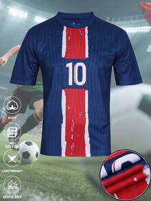 SURUIDA 1pc 2024-2025 Paris Saint-Germain Style #10 Jersey, Men's Football Shirt, Blue White Red Striped Soccer Tee, Round Neck Short Sleeve Training Casual Sports Wear For Summer