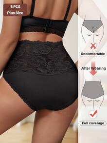 Morelect Paquete de 5 bragas de algodón de talle alto y control de abdomen para mujer de talla grande, con parches de encaje, cobertura total y diseño jacquard - Multicolor - Ver 3