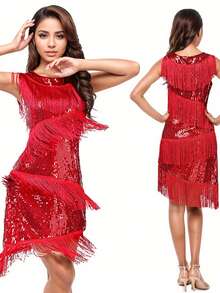 Latin Dance Performance Costume, Sequin Fringe Latin Competition Dress, Sleeveless Dance Outfit - متعدد الألوان - مشاهدة 3