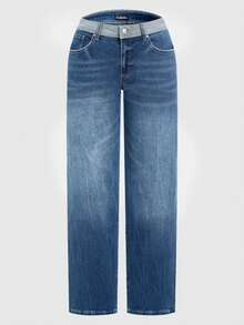 European And American Solid-Color Women's Casual And Fashionable, Loose Wide-Leg Pants, Versatile, Slightly Elastic And Comfortable, Straight-Cut Mid-Waist, Slimming And Taller, Denim Nine-Inch Pants - 藍色 - 查看 4