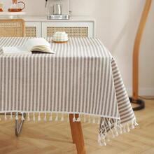 Tablecloth Striped Fringe Table Cloth Rectangular Tablecloths Cotton Blend Table Cover For Dining Coffee Buffet Kitchen Picnic Parties Tables (47 X 63 Inch, Coffee Brown) - Brown63x47Rectangular - View 1