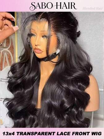 13x4 Lace Front Wigs Glueless Human Blended Hair HD Transparent Lace 200% Density Body Wave With Baby Hair Pre-Plucked Frontal Wigs For Women 30 Inch Natural Hairline (Black-Body Wave)