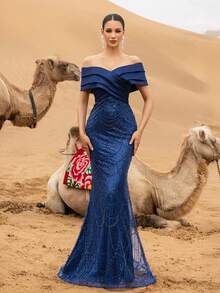 Faeriesty Haute Glamour Luxury Sparkly Beaded Mermaid Evening Gown With Off-Shoulder Crisscross Drape – Wave Beadwork & Fitted Silhouette For High-Fashion Galas & Celebrity Premiere Events For Women