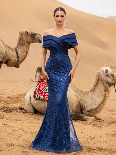 Faeriesty Haute Glamour Luxury Sparkly Beaded Mermaid Evening Gown With Off-Shoulder Crisscross Drape – Wave Beadwork & Fitted Silhouette For High-Fashion Galas & Celebrity Premiere Events For Women