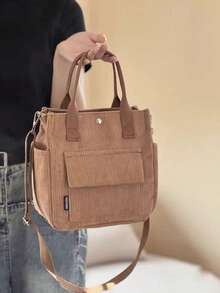 原创灯芯绒多口袋手提包/单肩包，简约多功能学生午餐包，大容量，拉链封口，休闲手提包，复古灯芯绒单肩包，大容量手提包，简约多功能学生背包，午餐包 - 彩色 - 查看 12