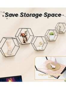1 pièce/2 pièces Set Étagère murale hexagonale noire simple avec base en bois, étagère murale en métal creux, étagère murale en fer forgé géométrique créative, étagère murale hexagonale en fer anti-rouille, forme géométrique noire moderne avec étagère en bois massif Décoration murale de rangement