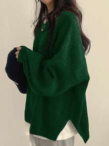 EAVA Fall/Winter Korean Style Minimalist Sweater Round Neck, Elegant Loose Fit Versatile Bell Sleeves Side Slit Pullover Knitwear For Women,Valentine's Day,Valentine Outfits For Women,Valentine Clothes - Green - View 4