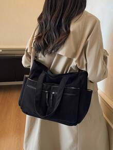 1 pieza Bolso de tela grande y versátil de estilo minimalista y de moda, con múltiples bolsillos prácticos, gran capacidad, adecuado para la escuela, la universidad, el trabajo y el uso casual, bolso de hombro para mujer - Negro - Ver 7