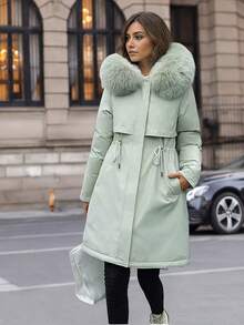 2025冬季新款女士夹棉大衣欧美中长款大毛领保暖内衬派克大衣时尚度假外套 - 綠色 - 查看 8
