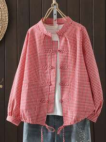 Vintage Plaid Button-Up Shirt For Women, Loose Fit, Slimming, Chinese Collar, Cardigan Style, Spring/Autumn