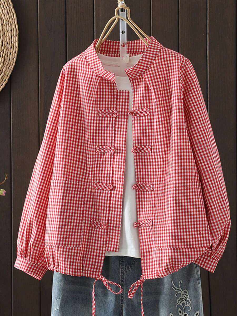 Vintage Plaid Button-Up Shirt For Women, Loose Fit, Slimming, Chinese Collar, Cardigan Style, Spring/Autumn