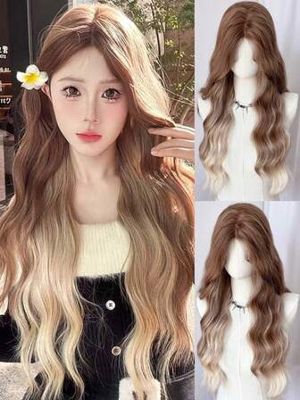 Lolita Sand Gold Dyed Platinum Wig For Women Long Wavy Hair 75cm Curly Wig With Middle-Parted Bangs Cosplay Headband Wigs Synthetic Wigs For Daily Use