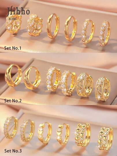Hihho 6 件套经典复古锆石耳钉套装，简约奢华设计耳环，适合日常叠戴或单戴，是送给朋友的最佳礼物